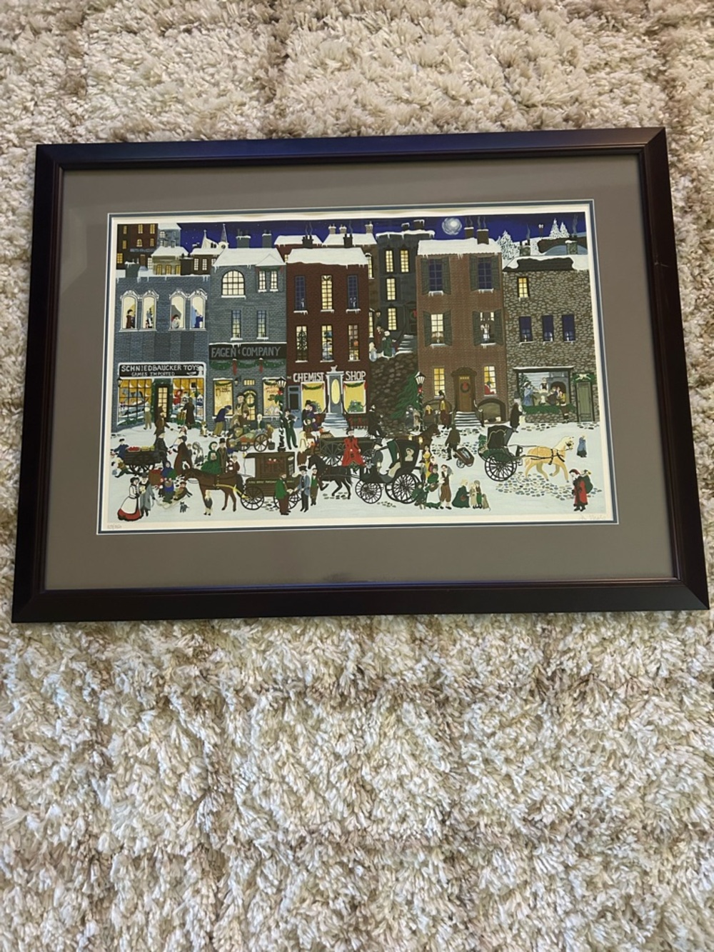 Framed Winter Village Street Scene Print - Multicolor